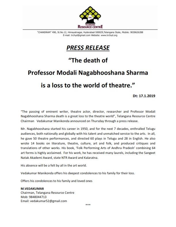 Press Release on the demise of -The death of Professor Modali Nagabhooshana Sharma is a loss to the world of theatre_001